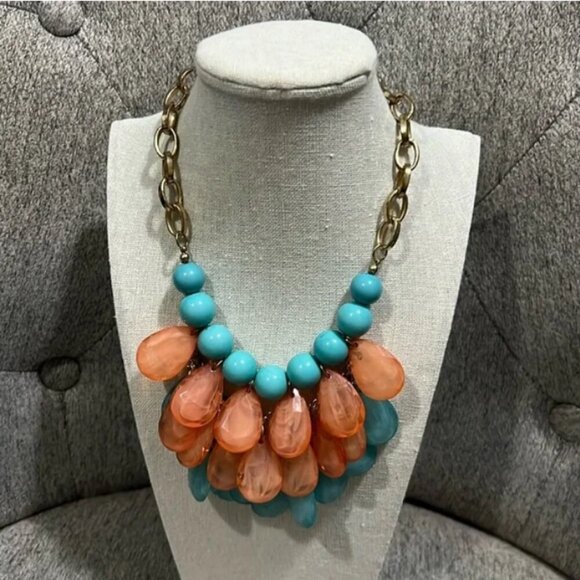 Boutique Jewelry - Elegant Bib Style Stone & Teardrop Glass Beaded Bronze Necklace